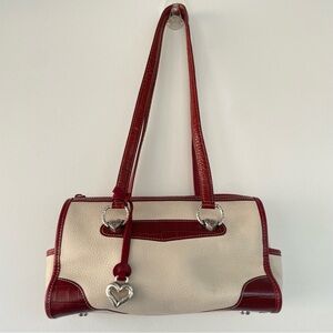 Brighton Barrel Purse White Pebbled Leather Red Crocodile-Embossed Accents